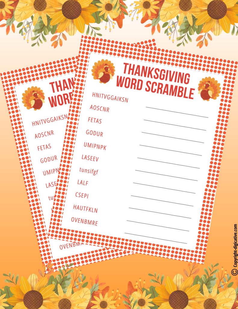 Thanksgiving Word Scramble Puzzle